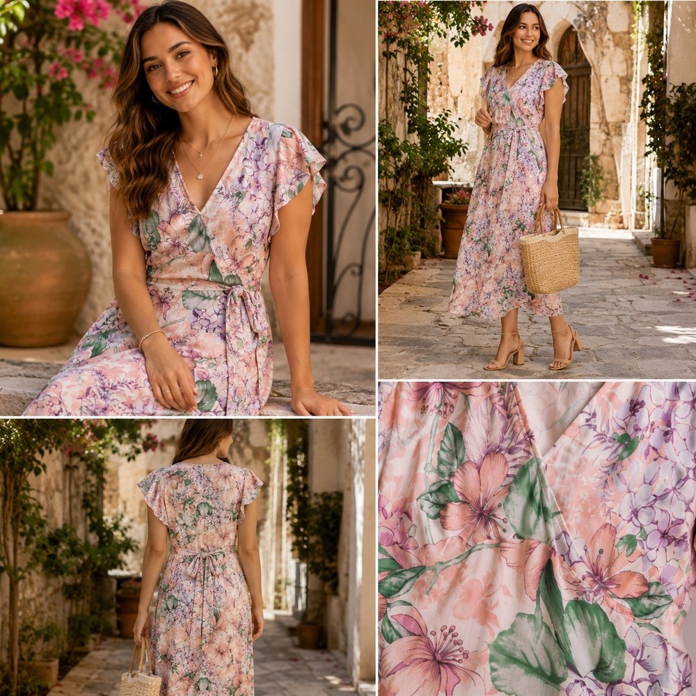 M&S Collection Floral V-Neck Flutter Sleeve Midi Dress Blush Pink UK 10 US 6
